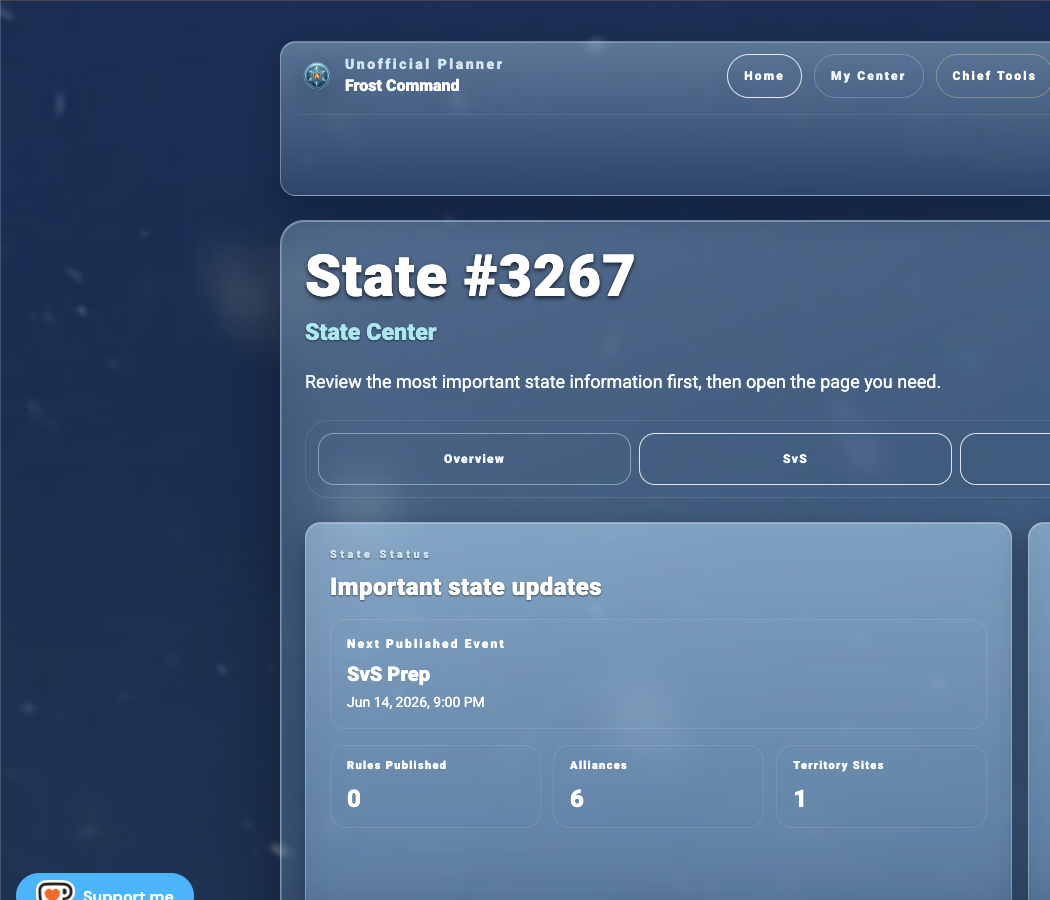 Sanitized State Center overview showing state planning navigation and shared updates.